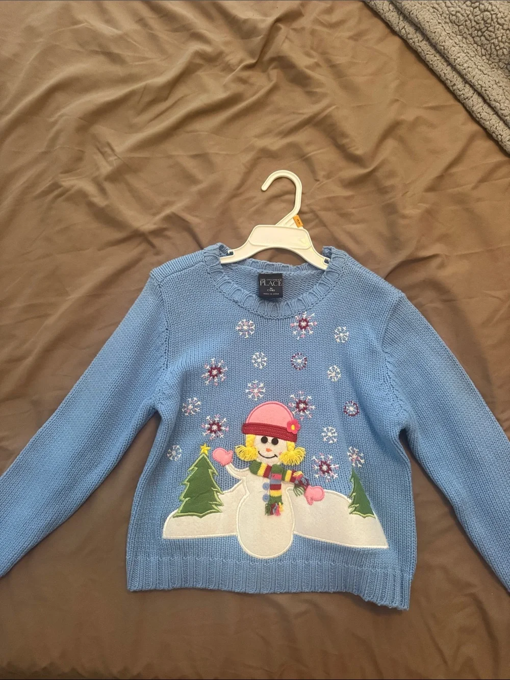 The Children's Place Light Blue Snowman Crewneck Sweater with Pink Hat